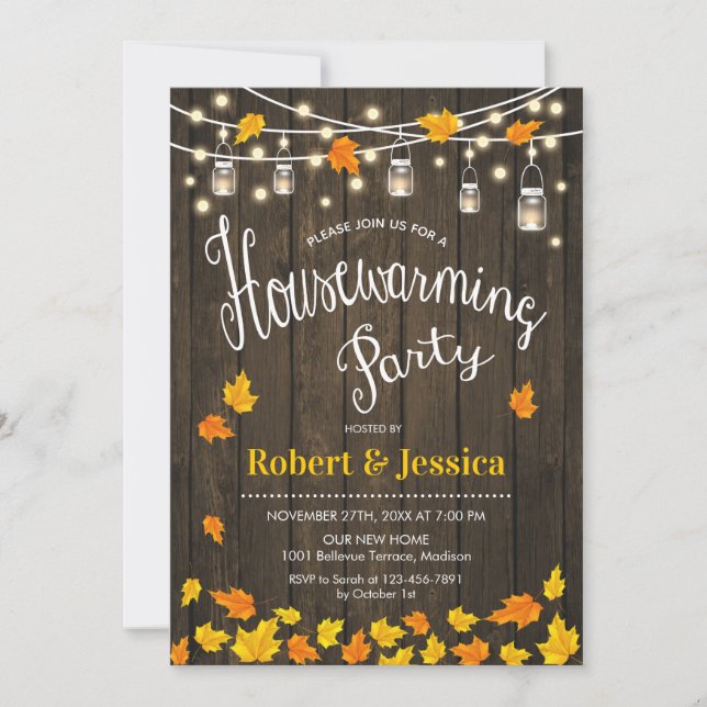 Rustic Housewarming Party - Wood Fall Leaves Invitation (Front)
