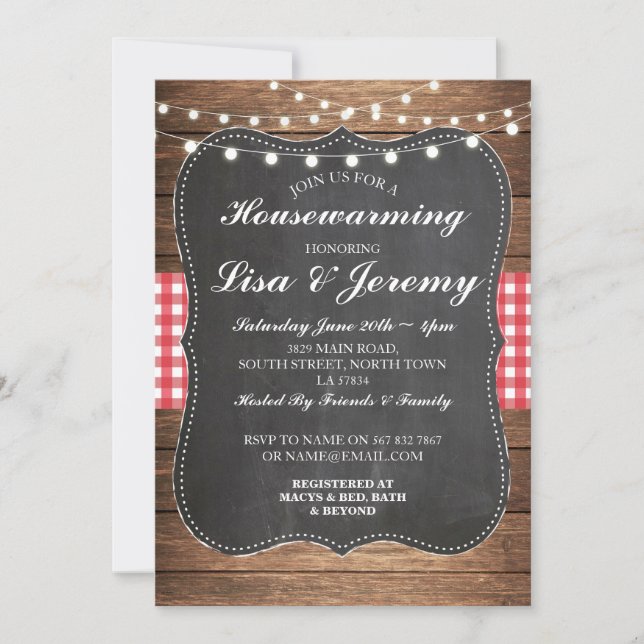 Rustic Housewarming Red Gingham Chalk Invite (Front)