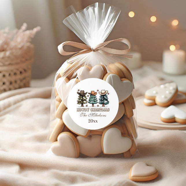 Rustic Howdy Christmas Cowboy Hat Family Classic Round Sticker (Creator Uploaded)