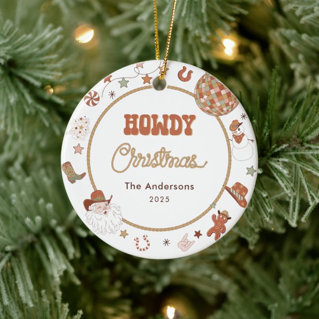 Rustic Howdy Western Family Photo Christmas Ceramic Ornament (Tree)