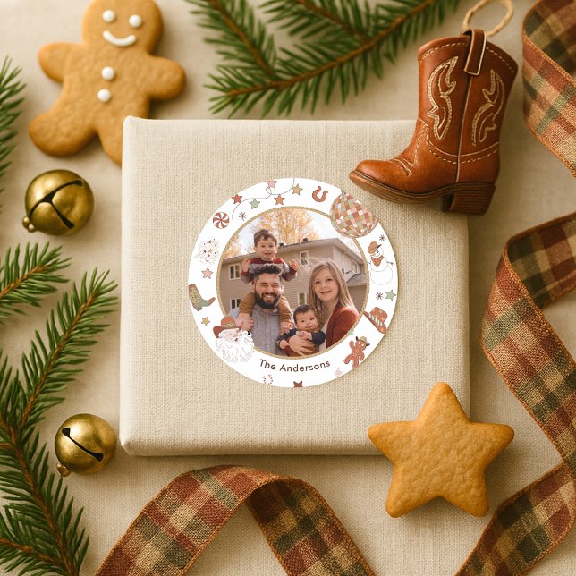 Rustic Howdy Western Family Photo Christmas Classic Round Sticker (Creator Uploaded)