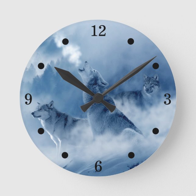 Rustic Howling Wolves Round Clock (Front)