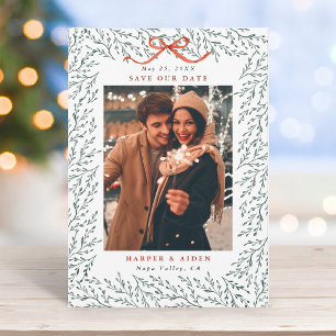 Rustic Hunter Green Red Bow Botanical Photo Save The Date