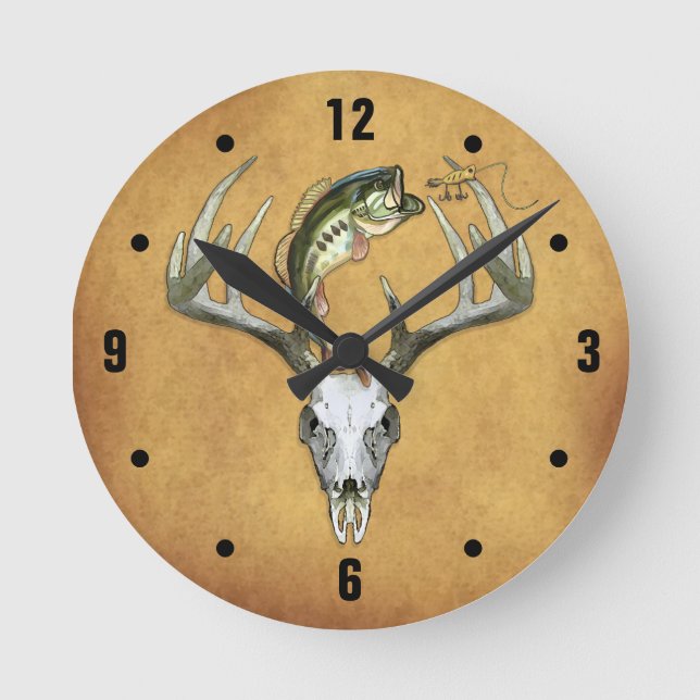 Rustic Hunting Fishing Round Clock (Front)