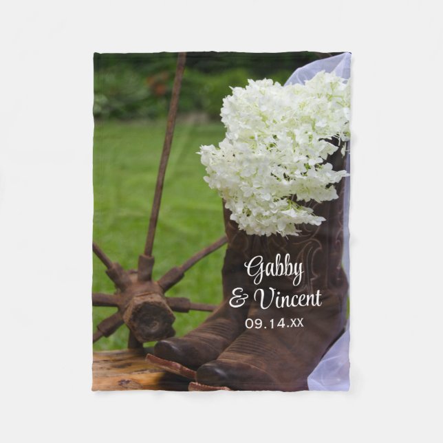 Rustic Hydrangea and Cowboy Boots Western Wedding Fleece Blanket (Front)