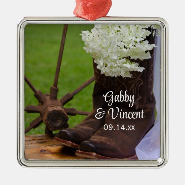 Rustic Hydrangea and Cowboy Boots Western Wedding Metal Ornament (Front)
