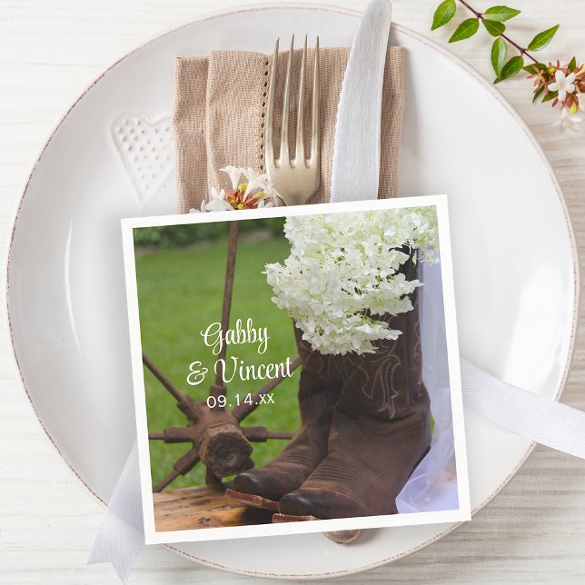 Rustic Hydrangea and Cowboy Boots Western Wedding Napkin (Creator Uploaded)