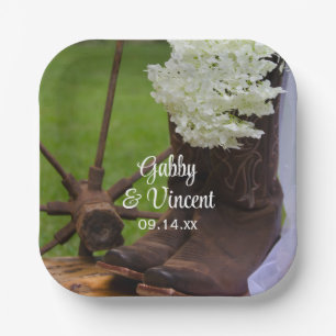 Rustic Hydrangea and Cowboy Boots Western Wedding Paper Plate