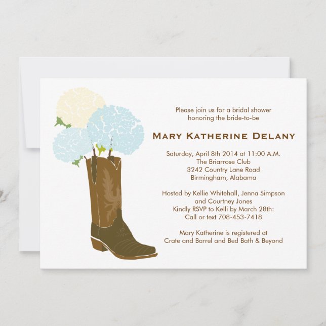 Rustic Hydrangea Cowboy Boot Bridal Shower Invite (Front)