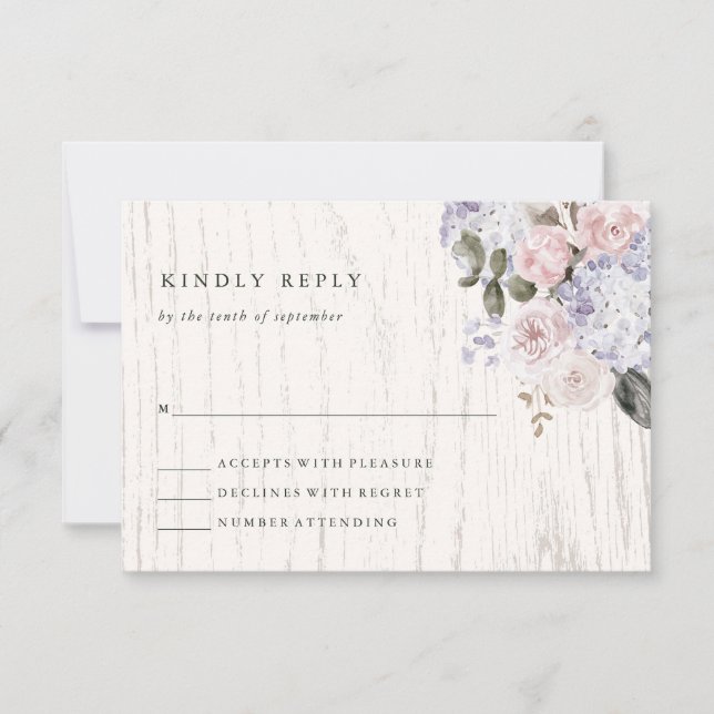 Rustic Hydrangea Floral | White Wood Wedding RSVP Card (Front)