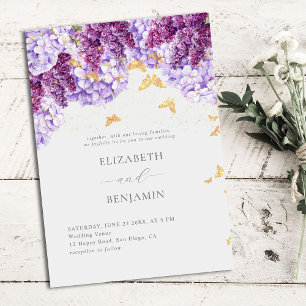 Rustic Hydrangea Lilac Butterflies Elegant Wedding Invitation