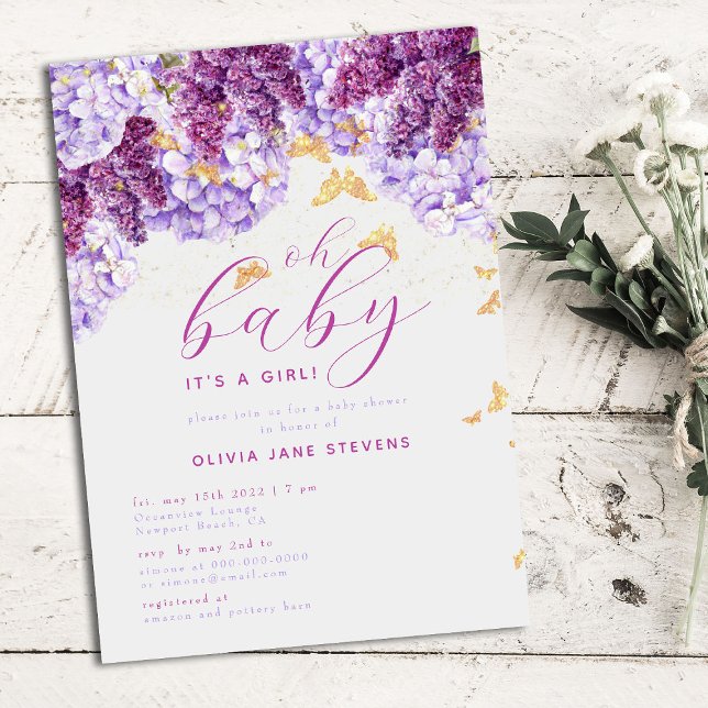 Rustic Hydrangea Lilac Butterfly Girl Baby Shower Invitation (Creator Uploaded)