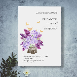 Rustic Hydrangea Lilac Butterfly Gold Boho Wedding Invitation