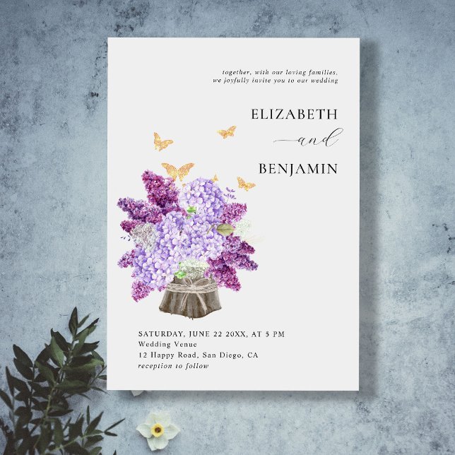 Rustic Hydrangea Lilac Butterfly Gold Boho Wedding Invitation (Creator Uploaded)
