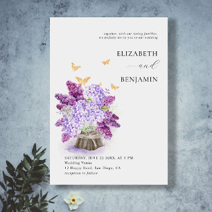 Rustic Hydrangea Lilac Butterfly Gold Chic Wedding Invitation