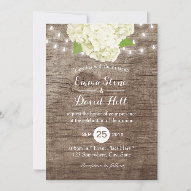 Rustic Hydrangea & String Lights Barn Wood Wedding Invitation (Front)