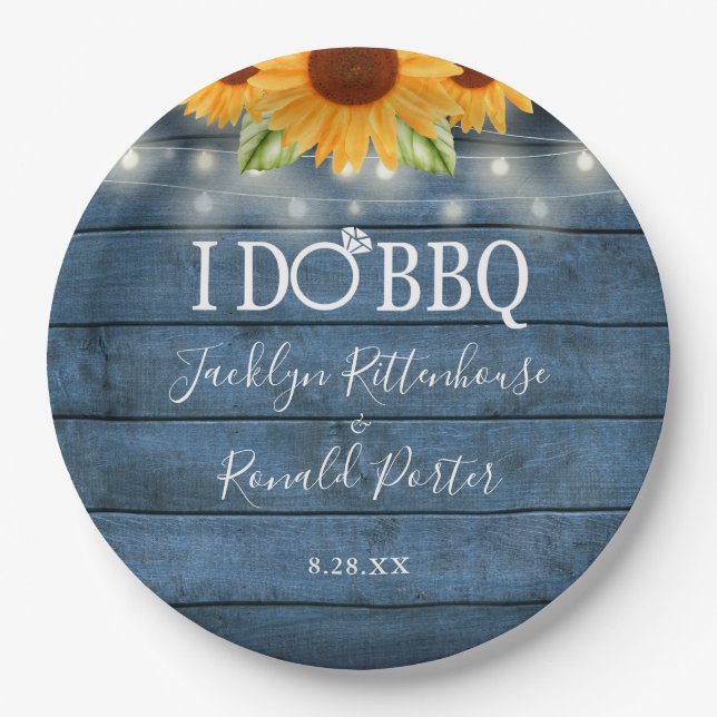 Rustic I Do BBQ String Lights Sunflower Engagement Paper Plate (Front)