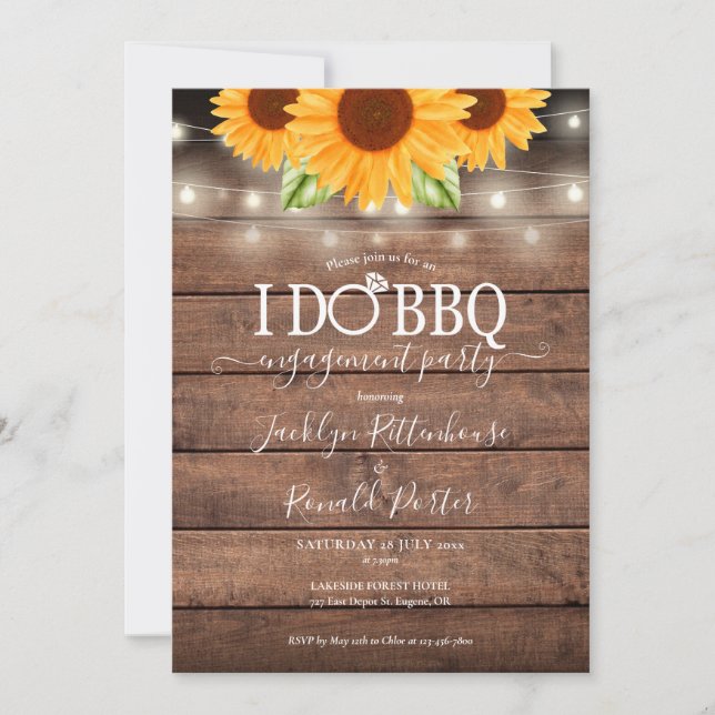 Rustic I Do BBQ Sunflower String Lights Engagement Invitation (Front)