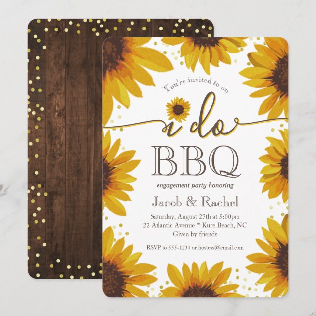 Rustic I DO BBQ Sunflowers & Gold Engagement Party Invitation (Front/Back)