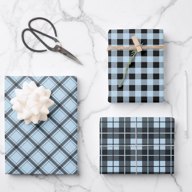 Rustic Icy Blue Plaid Buffalo Check Mixed Pattern Wrapping Paper Sheet (Front)