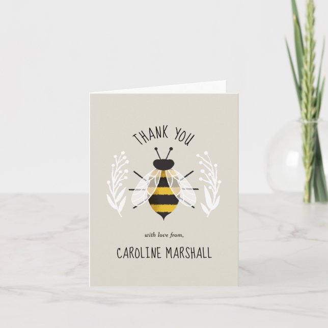 Rustic Illustrated Bee Folded Thank You Note Card (Front)