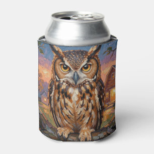 Rustic Impasto Great Horned Owl  Can Cooler