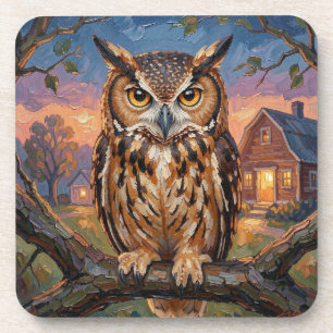 Rustic Impasto Great Horned Owl Coaster