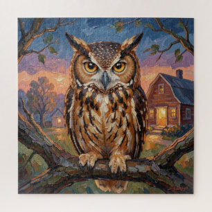 Rustic Impasto Great Horned Owl Jigsaw Puzzle