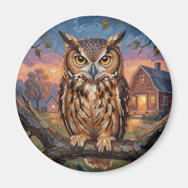 Rustic Impasto Great Horned Owl  Magnet (Front)