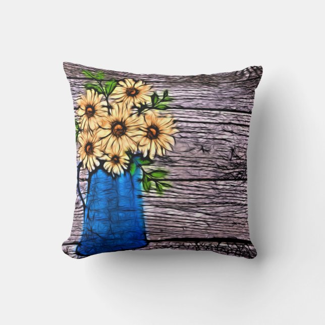 Rustic impressionism blue vase summer daisy cushion (Front)