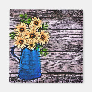 Rustic impressionism blue vase summer daisy magnet