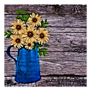 Rustic impressionism blue vase summer daisy poster