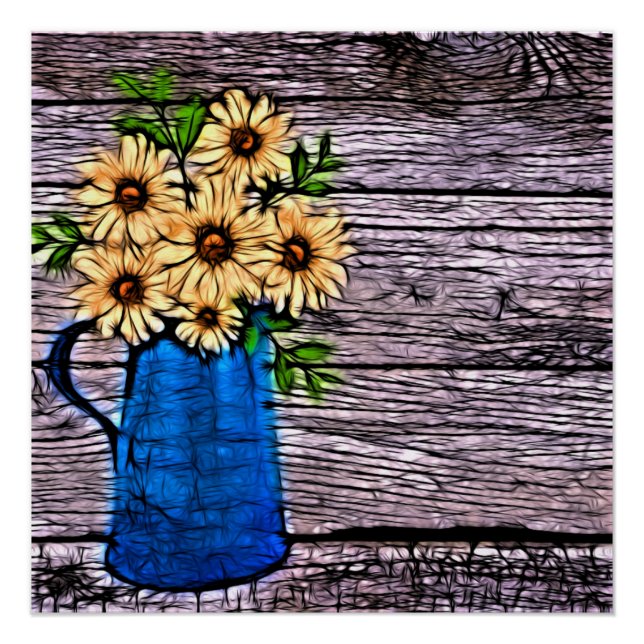 Rustic impressionism blue vase summer daisy poster (Front)