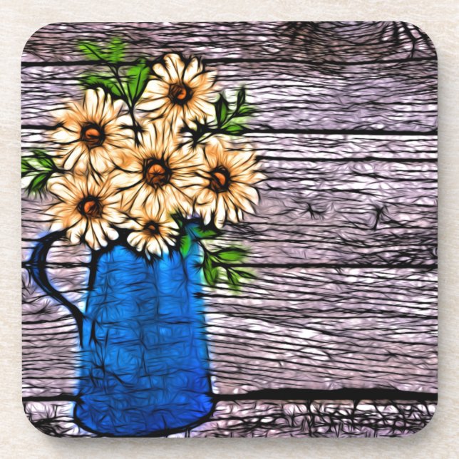 Rustic impressionism blue vase yellow daisy coaster (Front)