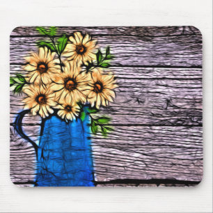 Rustic impressionism blue vase yellow sunflower mouse pad