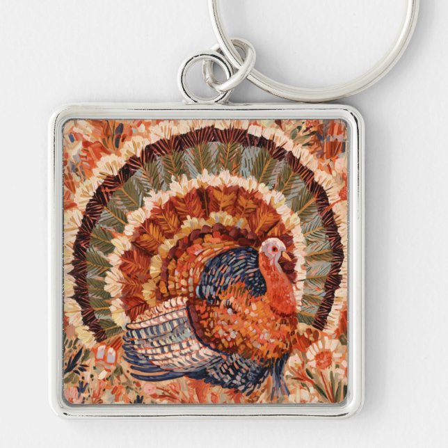 Rustic Impressionist Fall Turkey Key Ring (Front)