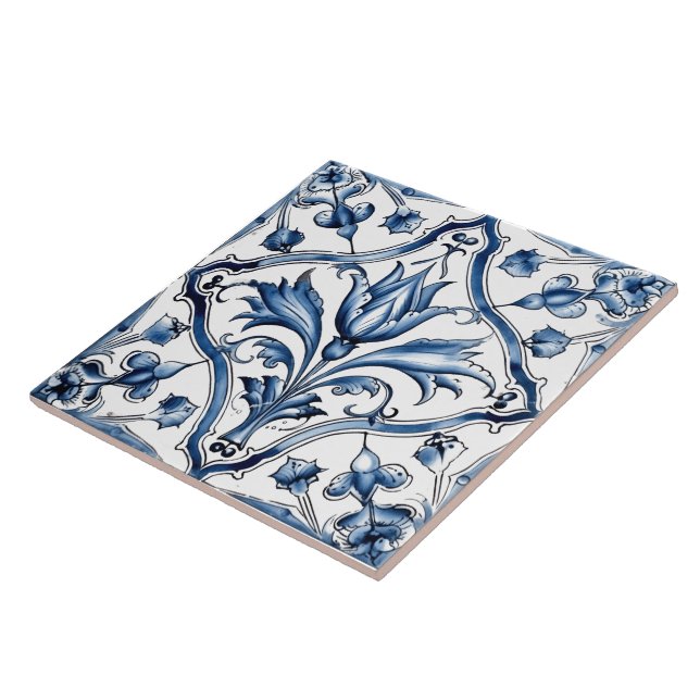 Rustic Indigo Azulejo Tiles With Floral Patterns (Side)
