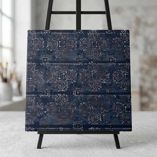 Rustic Indigo Blue Damask On Scratched Wood Ceramic Tile (Creator Uploaded)