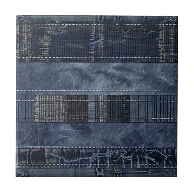 Rustic Indigo Denim Patchwork Pattern Ceramic Tile (Front)