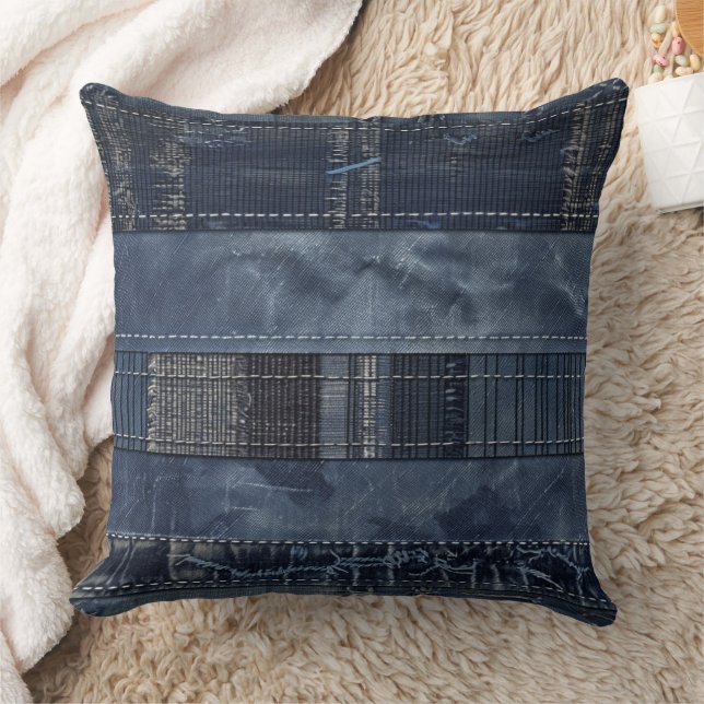 Rustic Indigo Denim Patchwork Pattern Cushion (Blanket)