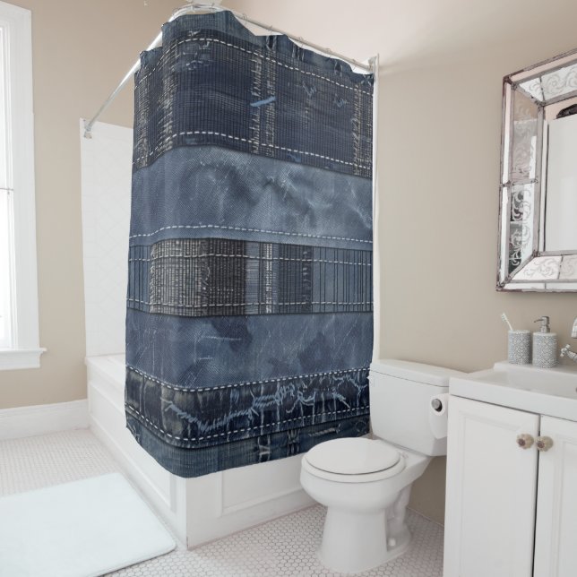 Rustic Indigo Denim Patchwork Pattern Shower Curtain (In Situ)