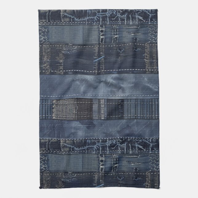 Rustic Indigo Denim Patchwork Pattern Tea Towel (Vertical)