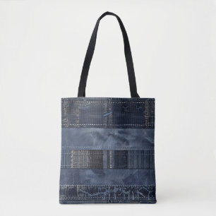 Rustic Indigo Denim Patchwork Pattern Tote Bag