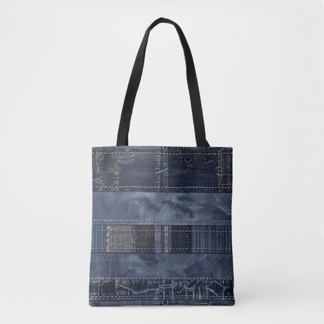 Rustic Indigo Denim Patchwork Pattern Tote Bag (Front)