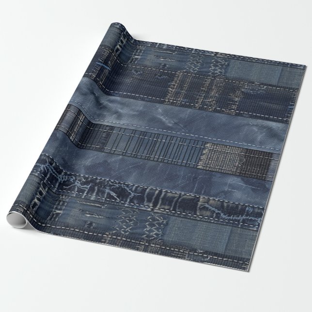 Rustic Indigo Denim Patchwork Pattern Wrapping Paper (Unrolled)