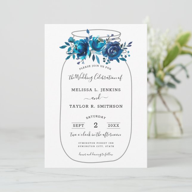 Rustic Indigo Peony Mason Jar Wedding Invitation (Standing Front)