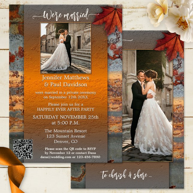 Rustic Industrial Fall Wedding Reception Photo  Invitation (Industrial happily ever after wedding invitation featuring your photo on a colorful autumn design)