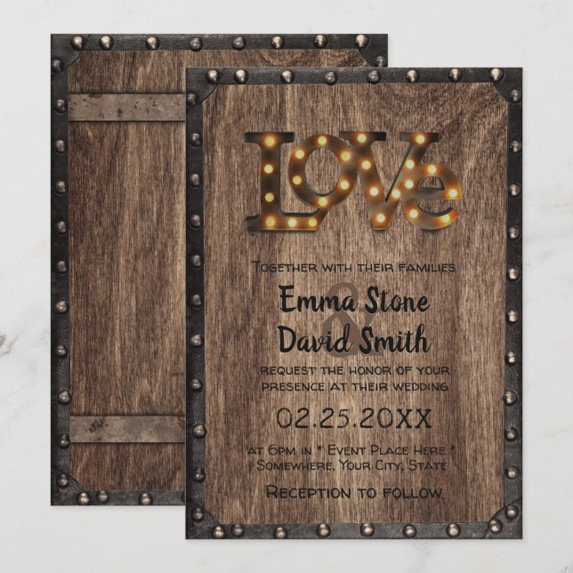 Rustic Industrial Wedding Love Sign Metal & Wood Invitation (Front/Back)
