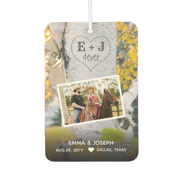 Rustic Initials 4ever Heart Carved Tree Wedding Car Air Freshener (Front)