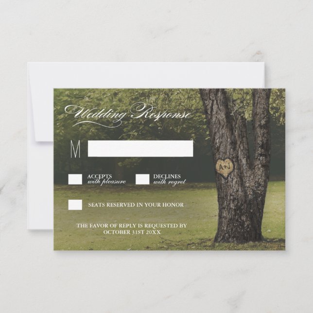 Rustic Initials Old Oak Tree Wedding RSVP Cards (Front)